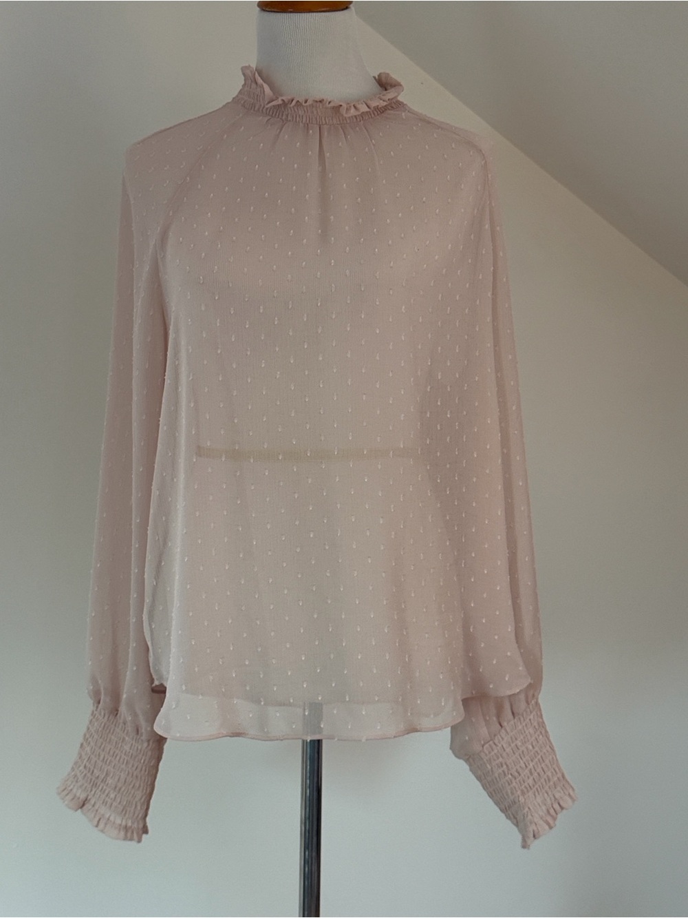 Ann Taylor Blush Swiss Dot Ruffle Mock Neck Blouse